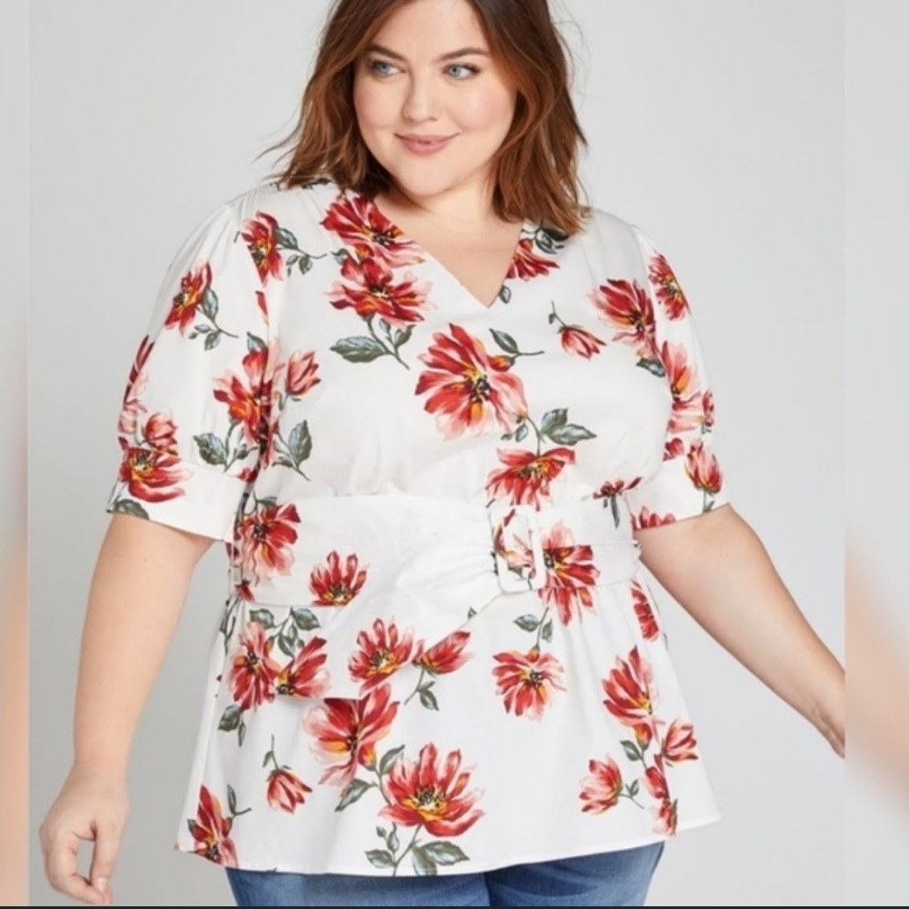 Lane Bryant Red and White Floral Belted Taffeta Blouse